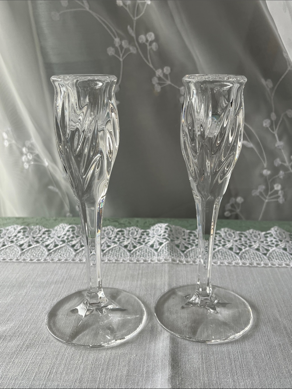 Set of 2 Gorham Crystal "Star Blossom" Taper Candlestick Holders
